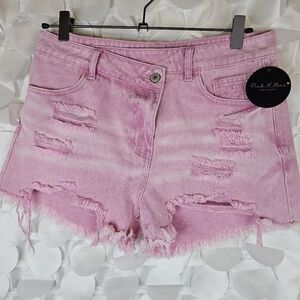 PINK HIGH RISE CROSSOVER WAIST DENIM SHORTS‎